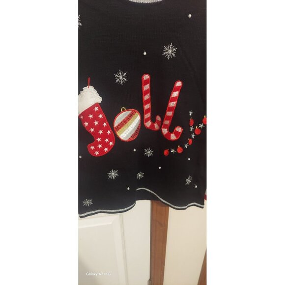 Holiday Time Womens Ugly Xmas Sweater JOLLY S 4/6 Black Red Candy Cane Embroider - Picture 3 of 6